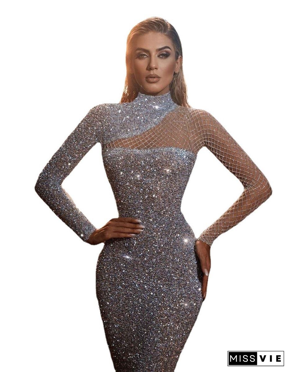 New Hollow Off-shoulder Dress Round Neck Slim Temperament S-shaped Sequin Dress Women Vestido Midi Elegante