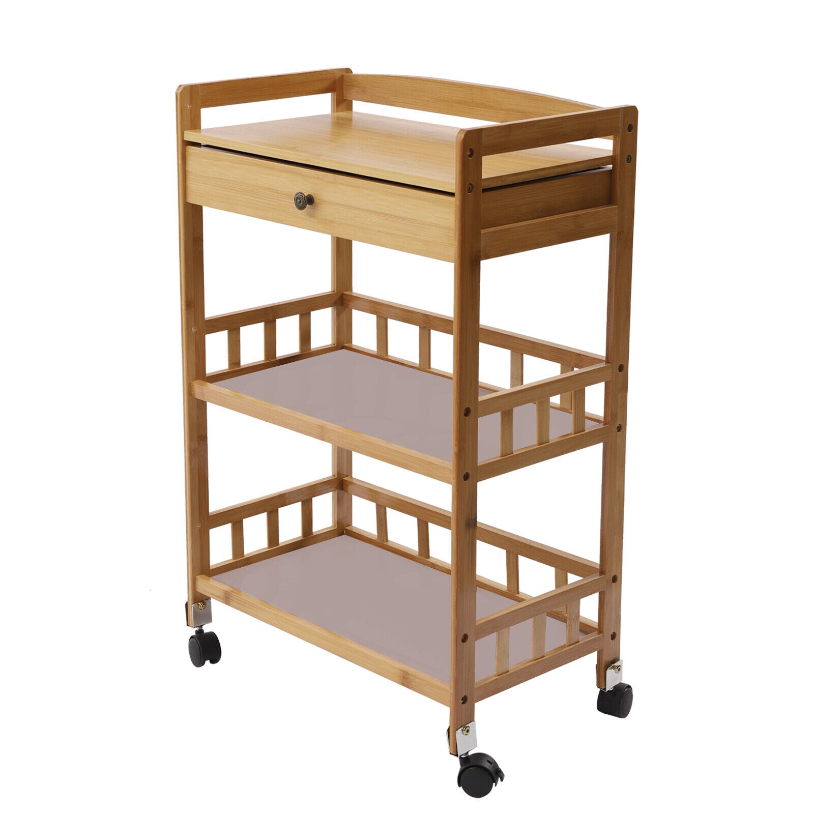 TFCFL Rolling Kitchen Cart 3 Tiers Bamboo Island Trolley Cart with Wheels and 1 Drawer