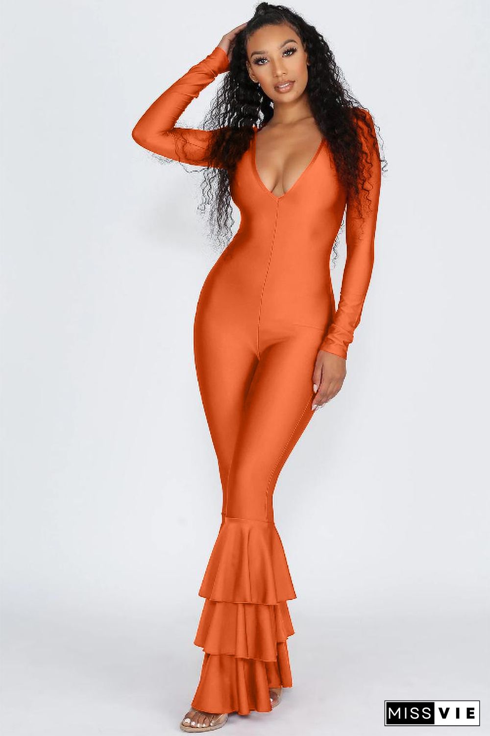 Solid Color Cascading Flounces Long Jumpsuit