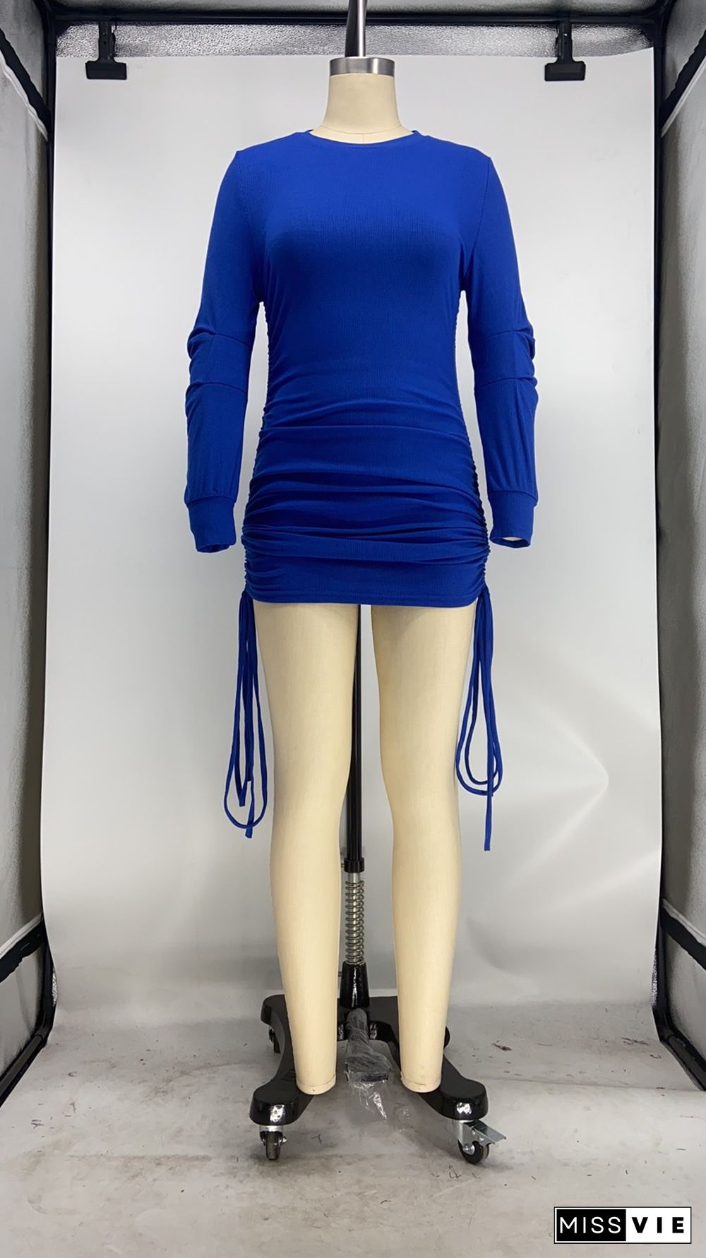 Solid Color Long-sleeved Round Neck Drawstring Bodycon Dress