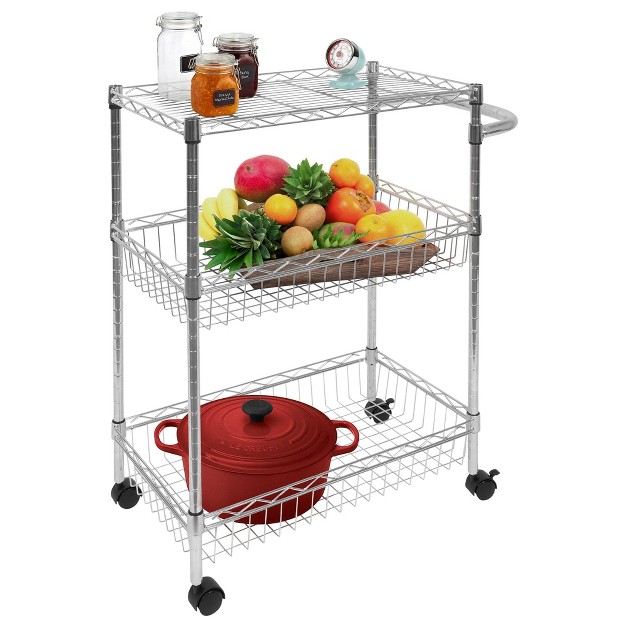 Mount it Mesh Wire Rolling Cart 3 tier Multi function Metal Trolley For Kitchen Storage And Organization With Lockable Wheels And Handle Silver