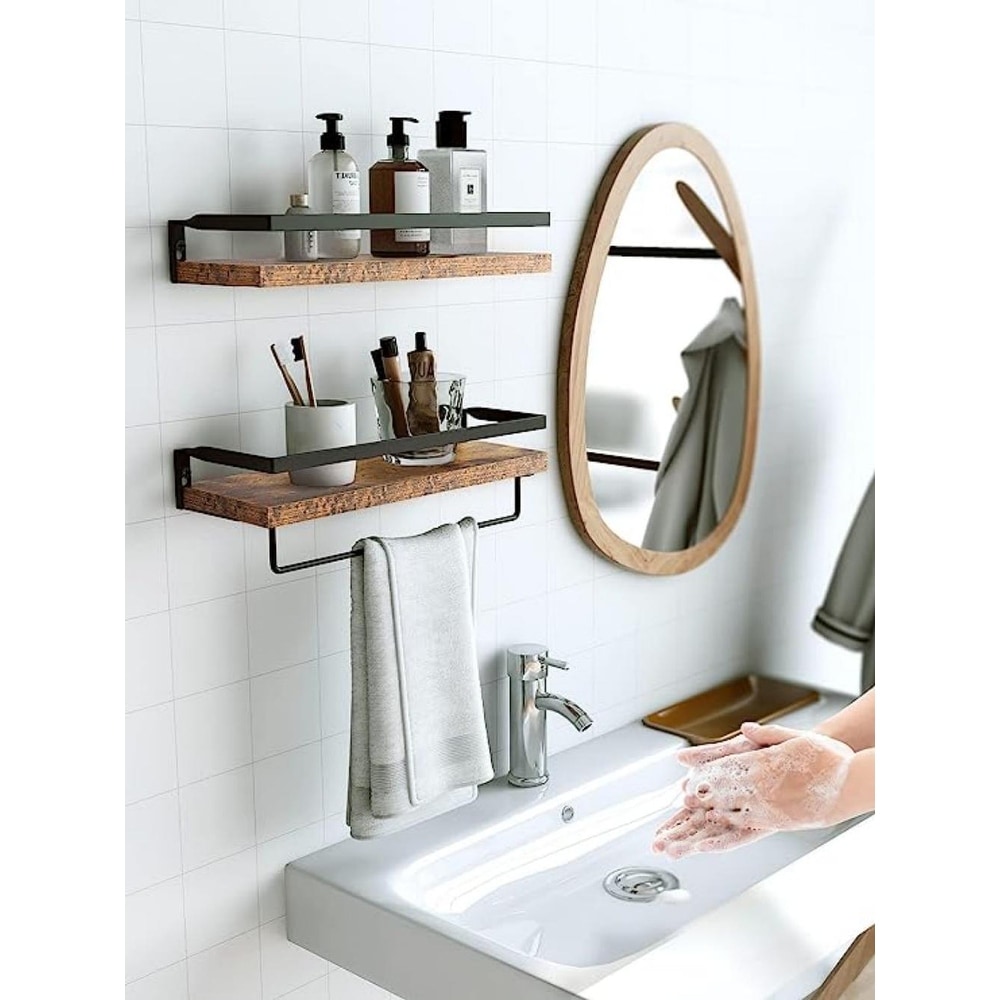 Floating Shelves Wall Mounted  Wall Shelves for Bathroom  Kitchen  Bedroom  Storage Shelf with Towel Bar  Set of 2