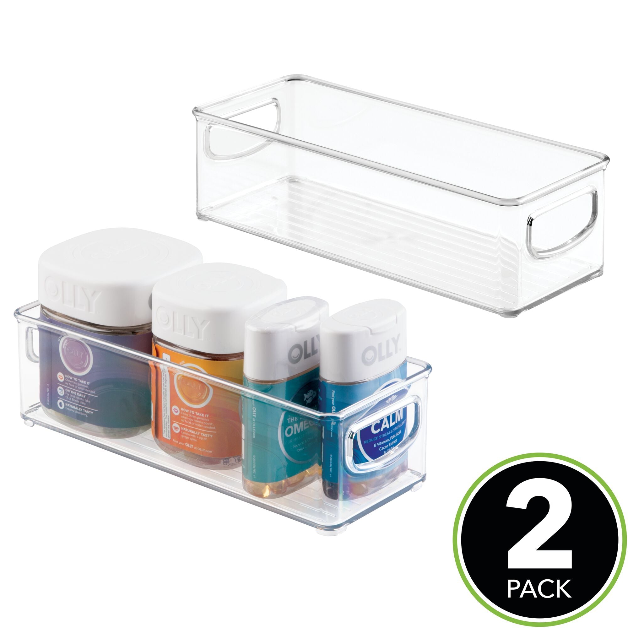 mDesign Small Plastic Bathroom Storage Container Bins with Handles for Organization in Closet, Cabinet, Vanity or Cupboard Shelf, Accessory Organizer for Hair Tools, Makeup, or Lotion - 2 Pack - Clear