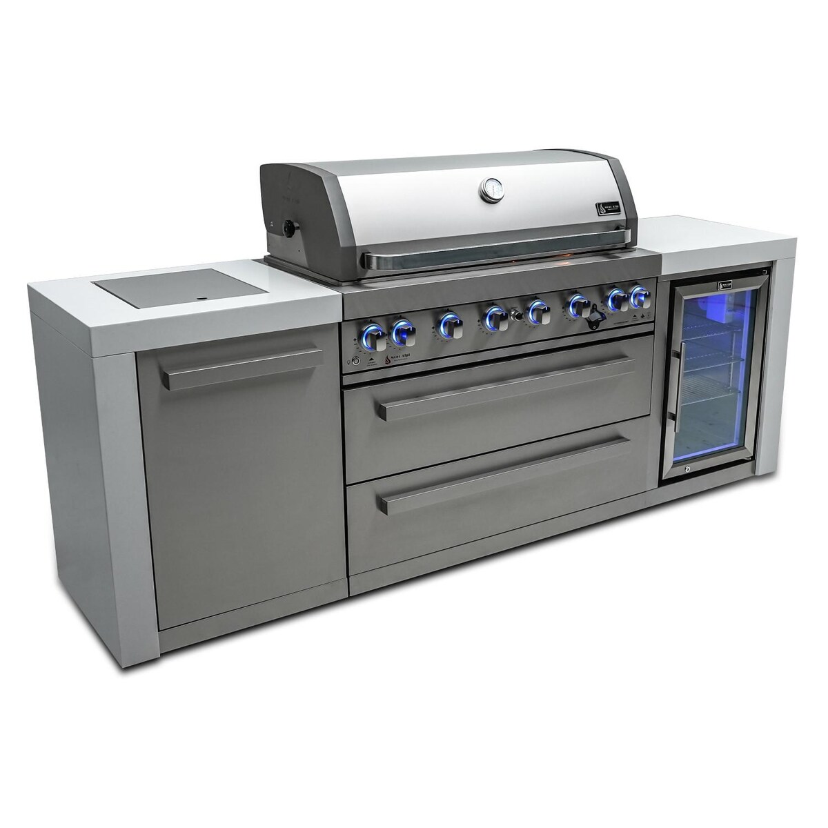 Mont Alpi 805 Deluxe Propane Gas Island Grill W/ Refrigerator Cabinet， Infrared Side Burner， and Rotisserie Kit