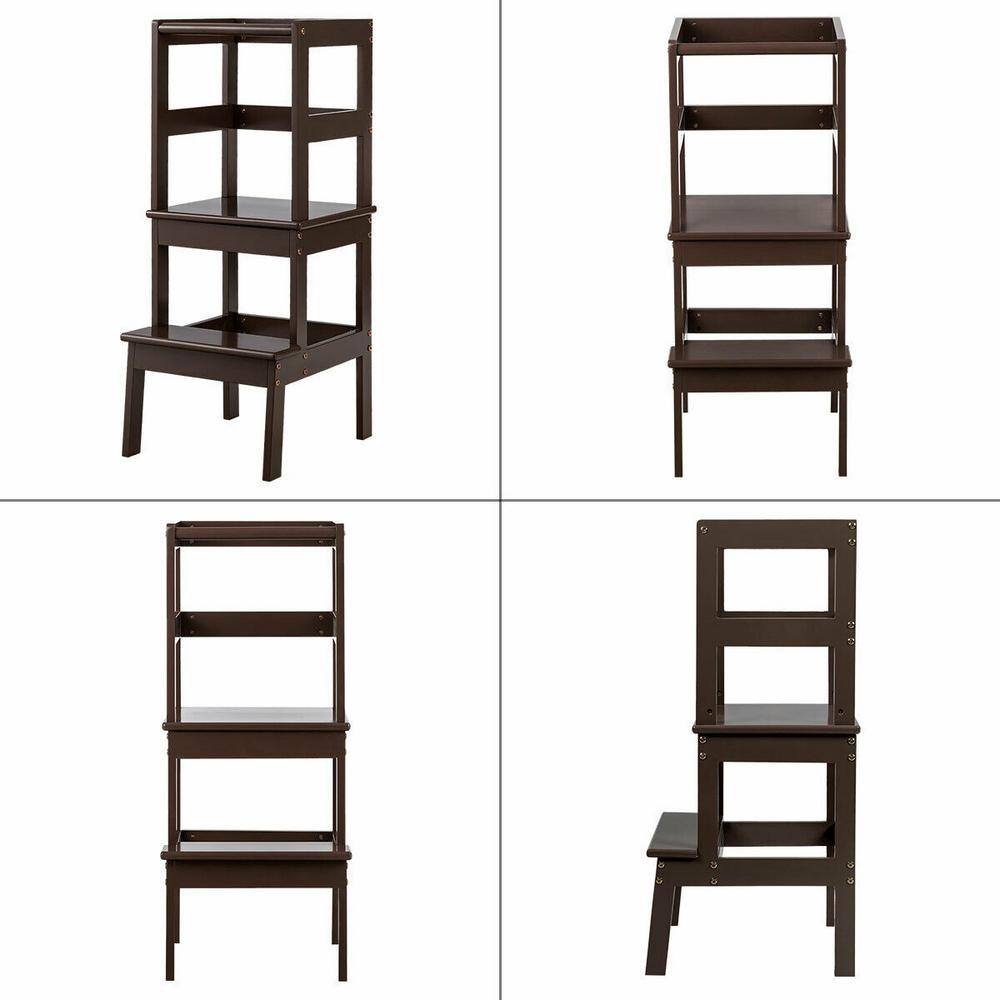 WELLFOR 2-Step Pine Wood Step Stool 330 lbs. Learning Toddler Tower with Safety Rail in Brown BB-HGY-5551CF