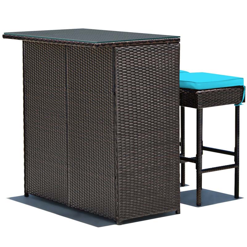 3 Pcs Rattan Patio Bar Dining Set Outdoor Counter Height Table Set with Cushioned Stools & Glass Top Table