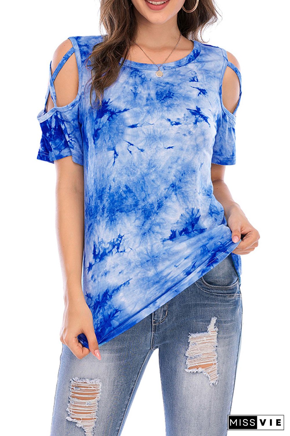 Criss-Cross Short Sleeve Crew Neck Tie Dye T-Shirt Wholesale