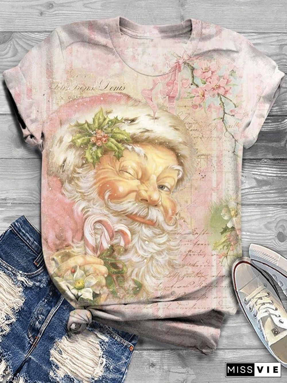 Women's Pink Vintage Santa Claus Print Short Sleeve T-Shirt