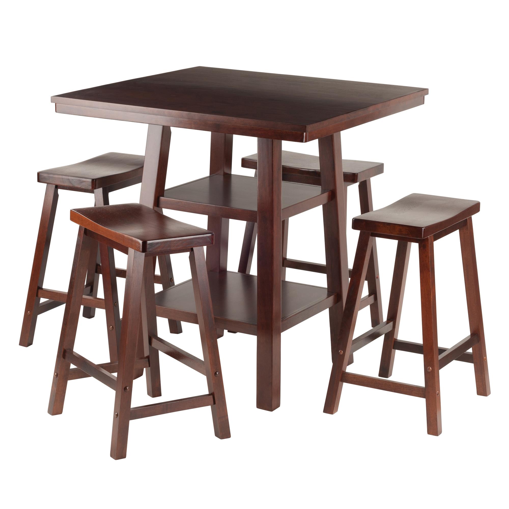 Winsome Wood Orlando 5-Pc Set， High Table with 2 Shelves and 4 Saddle Seat Counter Stools， Walnut Finish