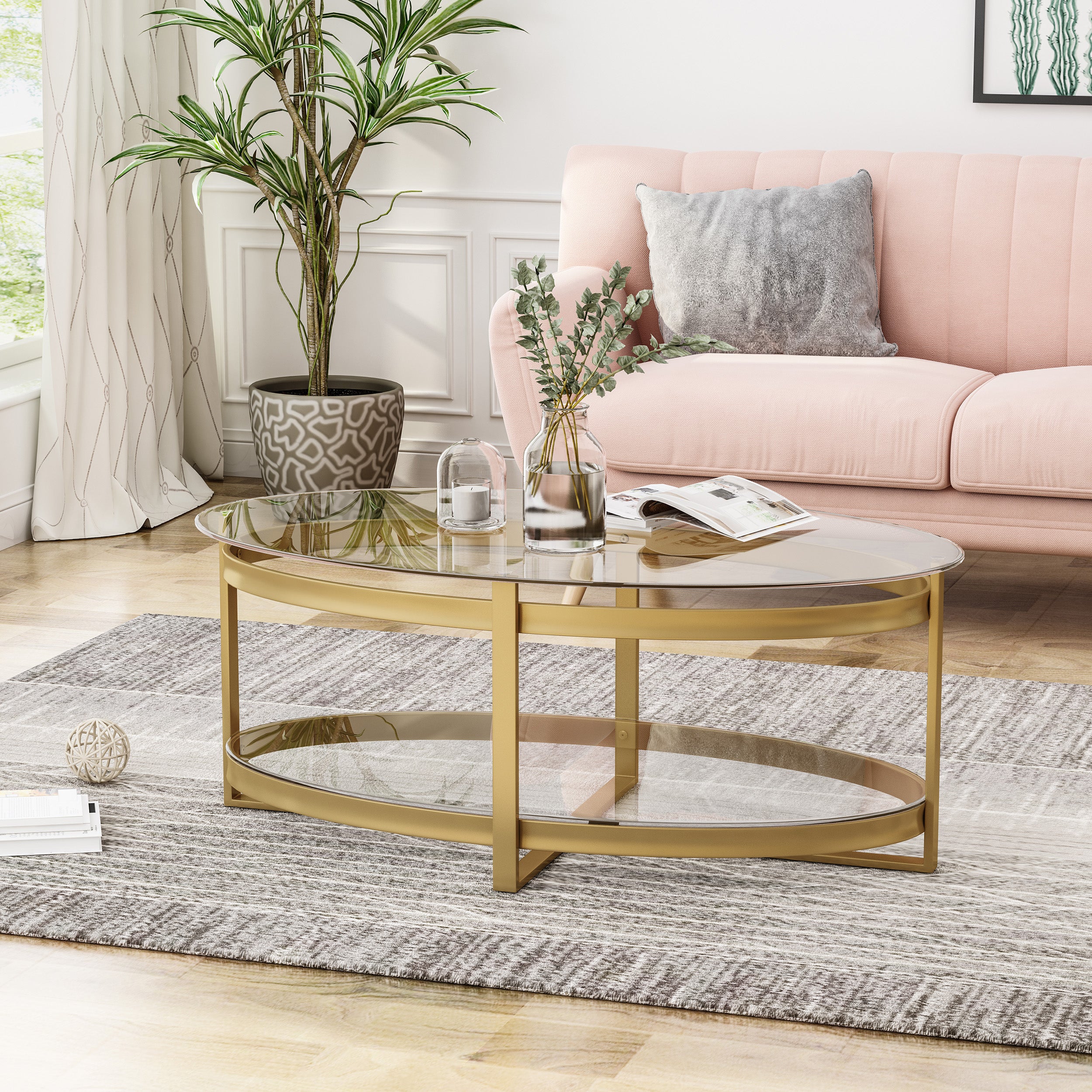 Peterborough Modern Glam Tempered Glass Oval Coffee Table with Iron Frame