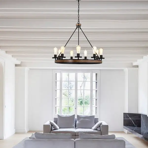 Aada Matte Black Metal 9 Light Wood Grain Finish Wagon Wheel Chandelier 32-Inch Shopping - The Best Deals on Chandeliers