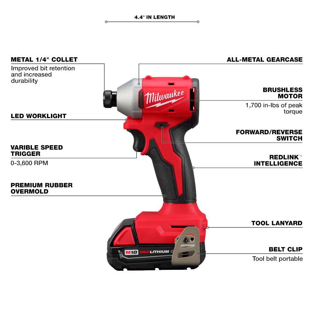 MW M18 18-Volt Lithium-Ion Brushless Cordless Compact DrillImpact Combo Kit (2-Tool) w(2) 2.0 Ah Batteries Charger  Bag 3692-22CT