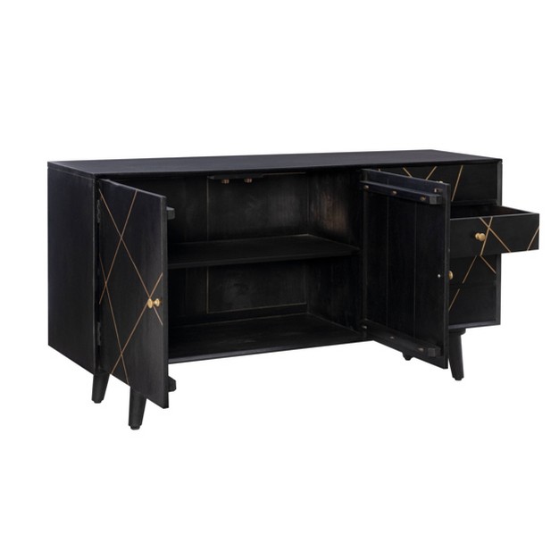 Wafford Mid Century Modern Storage Console Solid Wood Gold Trim 3 Doors Black Powell