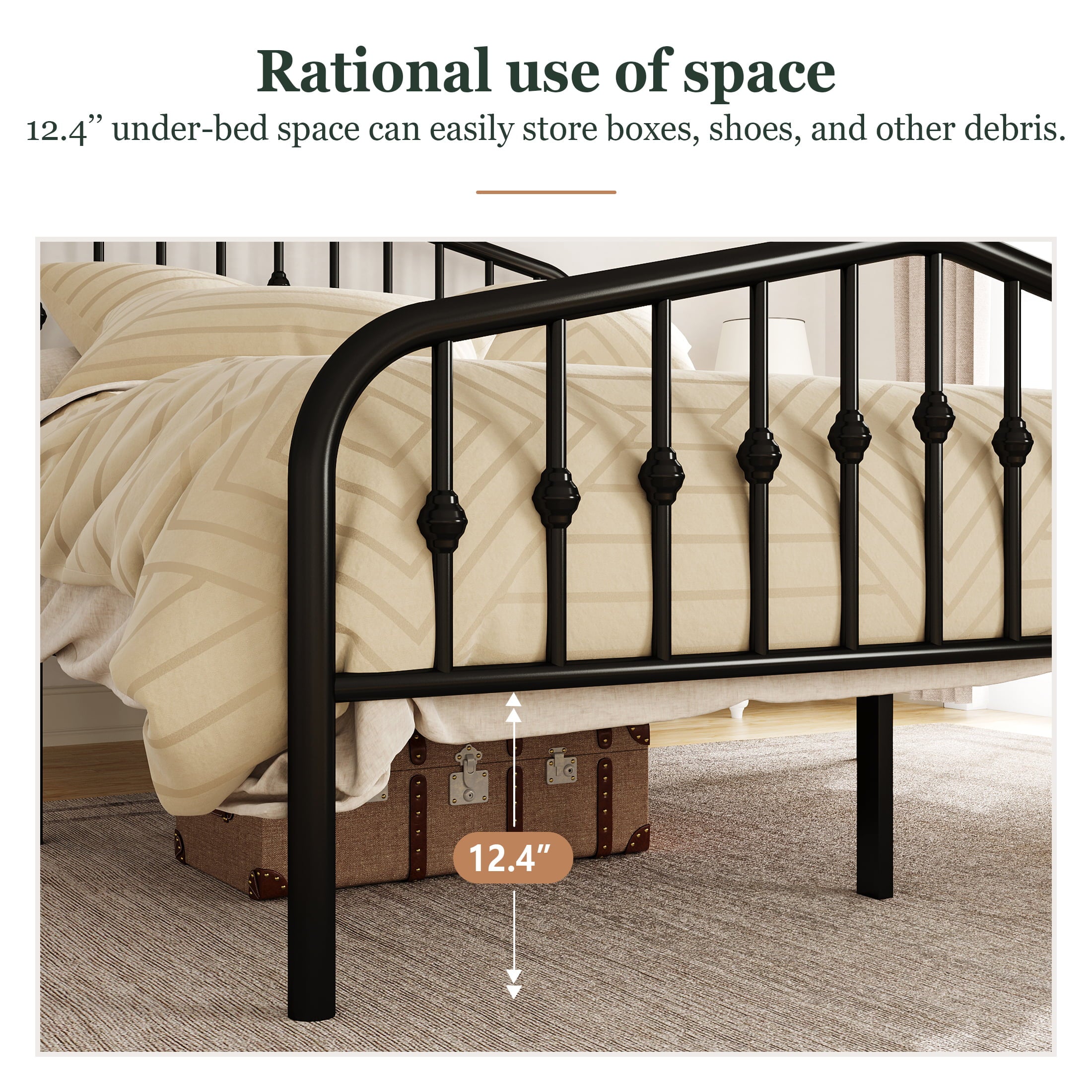 Amolife Queen Size Metal Bed Frame with Delicate Headboard and Footboard, Black