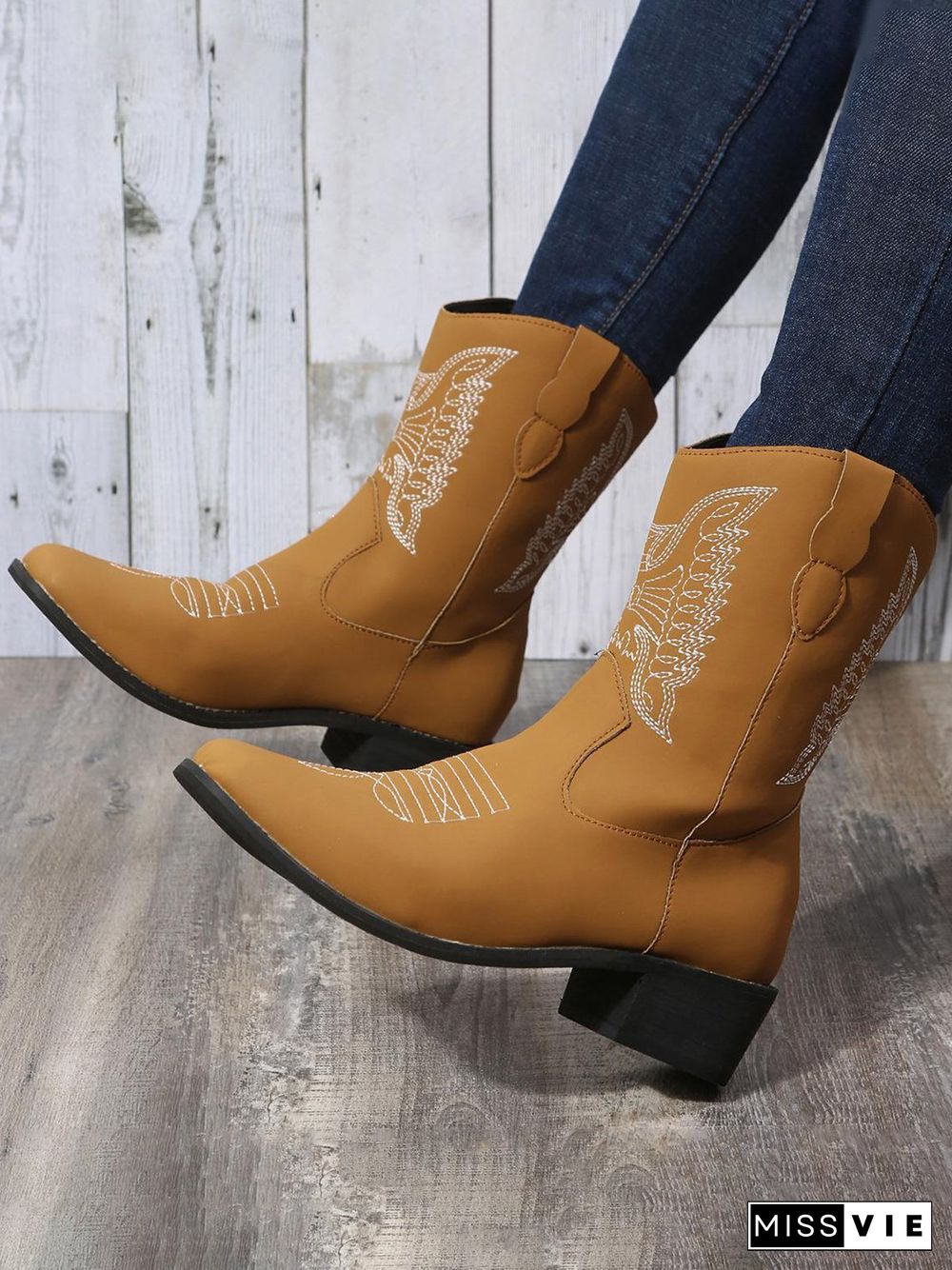 Embroidered Ethnic Chunky Heel Cowboy Boots