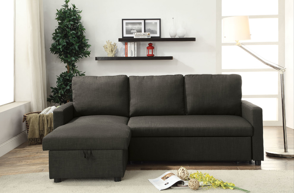 ACME Hiltons Sectional Sofa With Sleeper  Charcoal Linen   Transitional   Sectional Sofas   by HedgeApple  Houzz