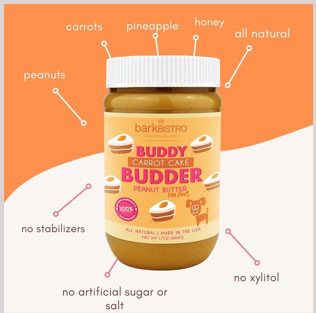 Bark Bistro Company Carrot Cake Buddy Budder Dog Treat， 17-oz jar