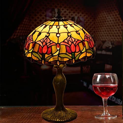 SHADY  Lamp Stained Glass Lamp Red Tulip Bedroom Table Lamp Reading Desk Light for Bedside Living Room Office Dormitory Dining Room Decorate  12x12x18 Include Light Bulb