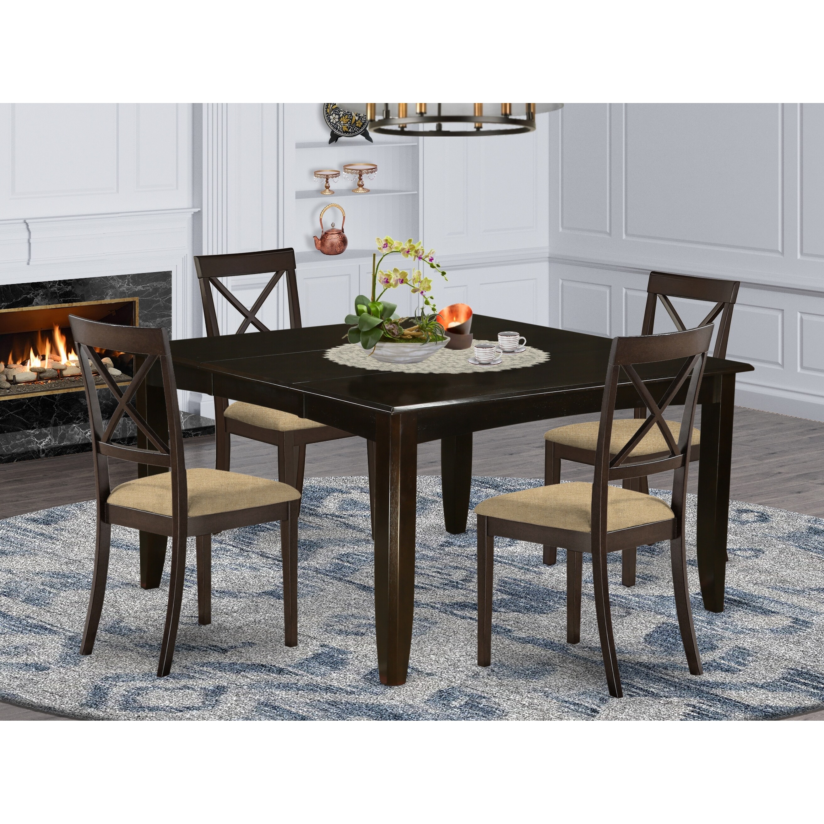 Wood Expandable Dining Set - Dining Table - Upholstered Linen Fabric Kitchen Chairs - Cappuccino Finish (Pieces Option)