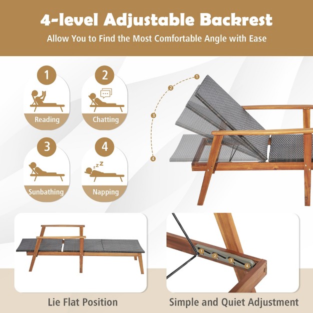 Tangkula 2pcs Patio Lounge Chair Adjustable Recliner Chair Acacia Wood Frame Folding Table Set