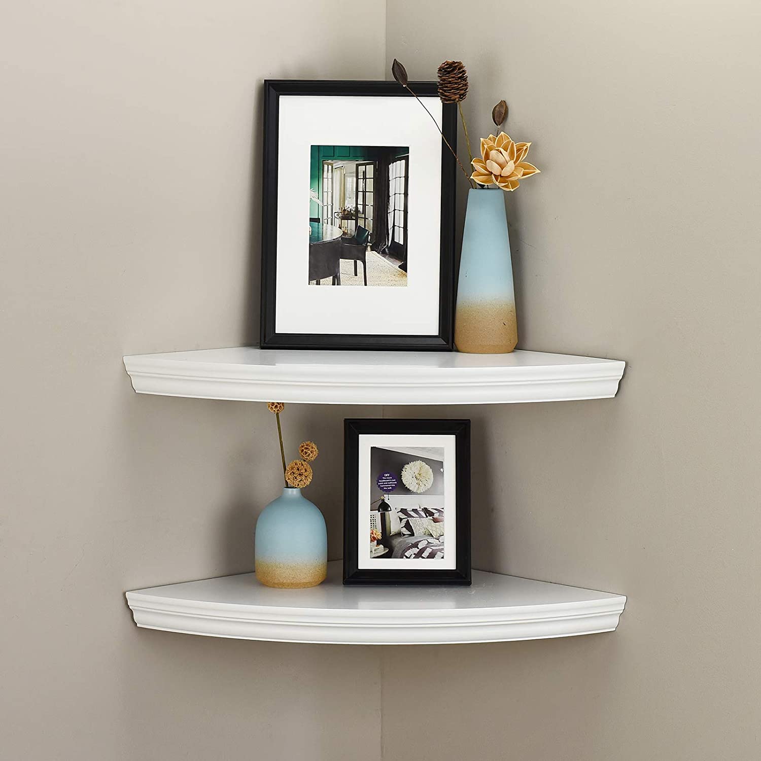 WELLAND Modern Wall Mounted Corner Shelves Corner Display Floating Shelf, Set of 2, White Finish