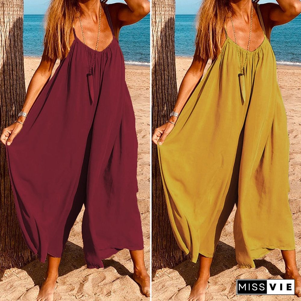 Women Spaghetti Strap Loose Jumpsuits Sleeveless Casual Rompers Wide Leg Long Pants Trousers Plus Pantalon