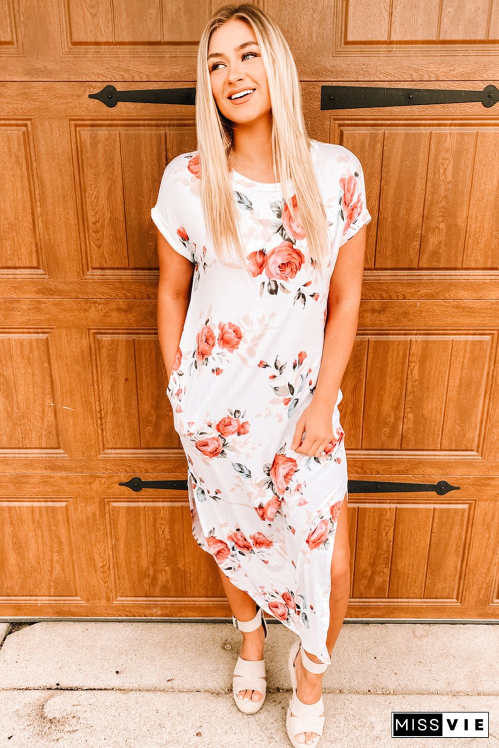 White Floral Print Side Slits T Shirt Dress