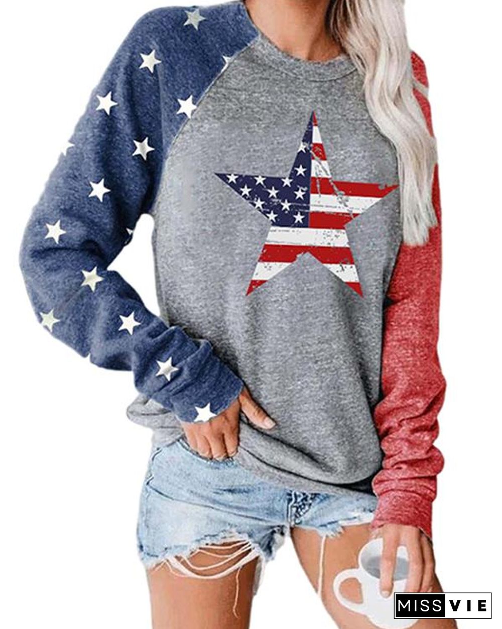 Plus Size Long Sleeve Letter Printed Color Stitching Top