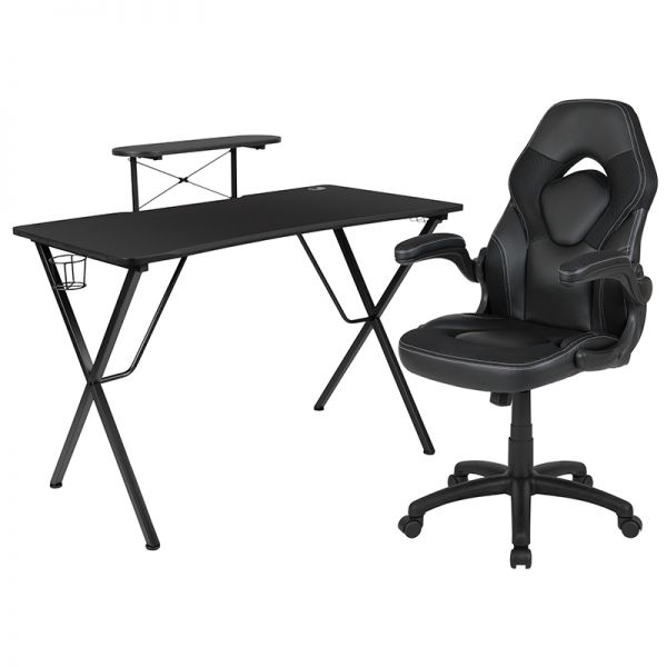 Optis Black Gaming Desk and Black Racing Chair Set with Cup Holder， Headphone Hook， and Monitor/Smartphone Stand