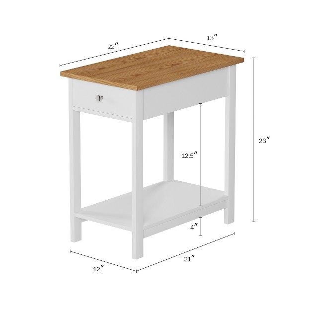 Hastings Home Narrow Side Table With Drawer And Storage Shelf White honey Oak