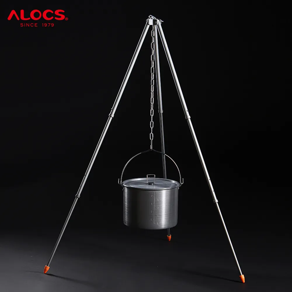 Alocs Portable Outdoor Adjustable Chain Campfire Picnic Hanging Pot Grill Stand Hanging Pot Rack Camping Tripod