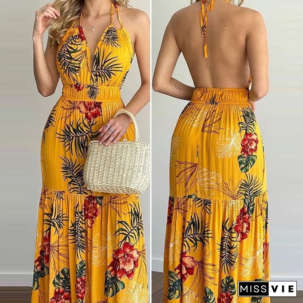 Women Summer Spring Tropical Print Halter Backless Maxi Dress Vacation Sleeveless Sexy Boho Beach Dress Casual Floral