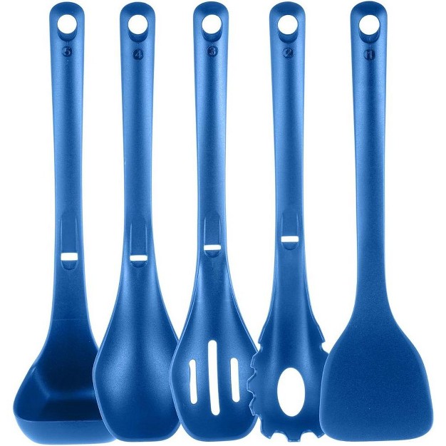 Nutrichef Kitchen Cooking Utensils Set includes Spatula Pasta Fork Solid Spoon Slotted Spoon amp Tool Seat blue