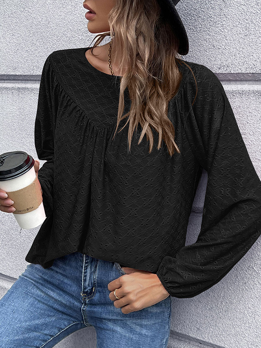 Round Neck Casual Loose Hollow Embroidered Long Sleeve Blouse