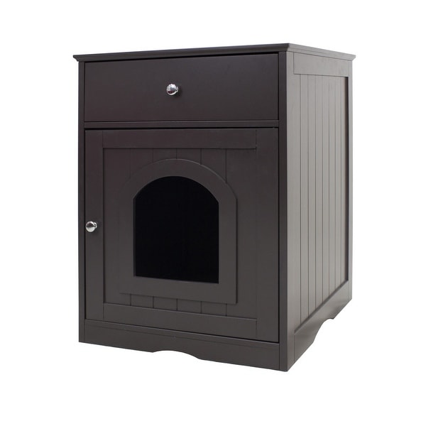 Wooden Side Table Pet House with Drawer， Brown