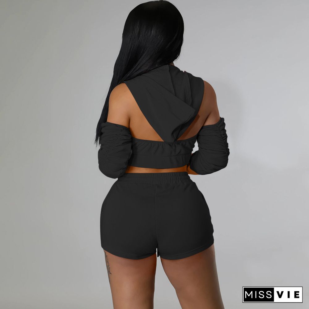 Zipper Off Shoulder Hooded Crop Top Shorts 2 Piece Sets