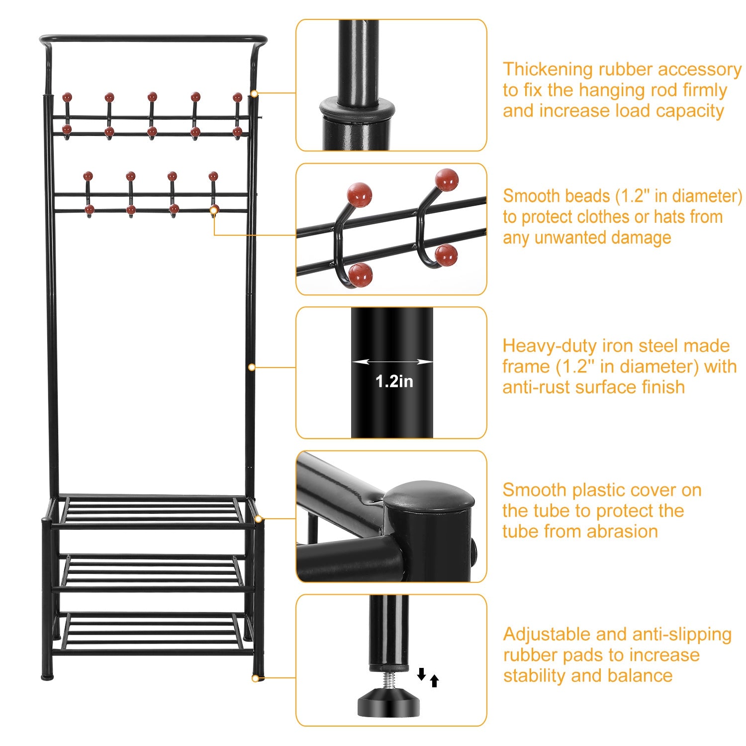 iMountek 18 Hooks Metal Coat Hat Rack 3-Tier Shoe Shelf Stand Cloth Hanger Holder Standing Entryway Shelf