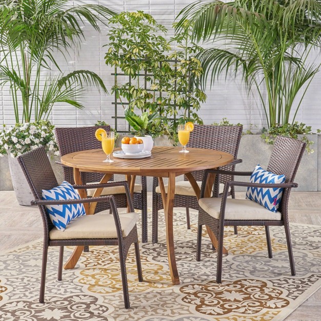 Baldwin 5pc Acacia Wood amp Wicker Dining Set Teak brown cream Christopher Knight Home