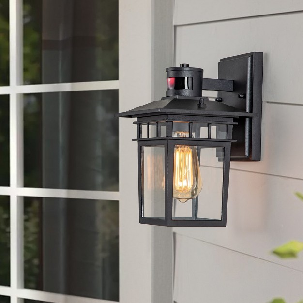 C Cattleya 1 light Matte Black Motion Sensing Dusk To Dawn Outdoor Wall Lantern Sconce With Clear Tempered Glass