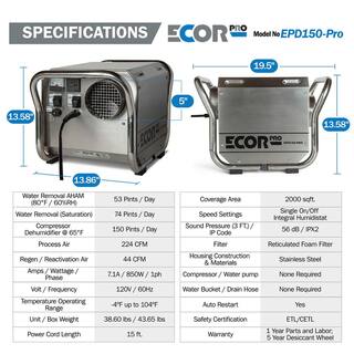 Ecor Pro 150 Pint Portable Commercial Stainless Steel Desiccant Dehumidifier for Basement CrawlSpace Whole House and Warehouses EPD150-PRO