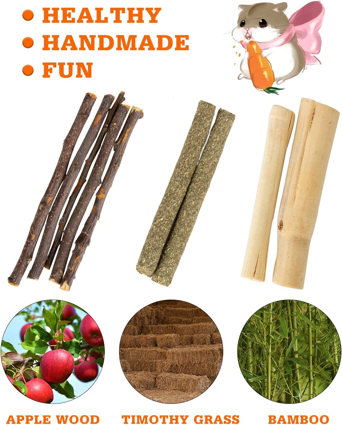 Yiamia Hamster Toys Guinea Pig Toys Hamster Accessories Natural Chews for Teeth Rabbit Bunny Rat Chinchilla Wood Hamster Hideout Apple Wood Timothy Hay Sticks