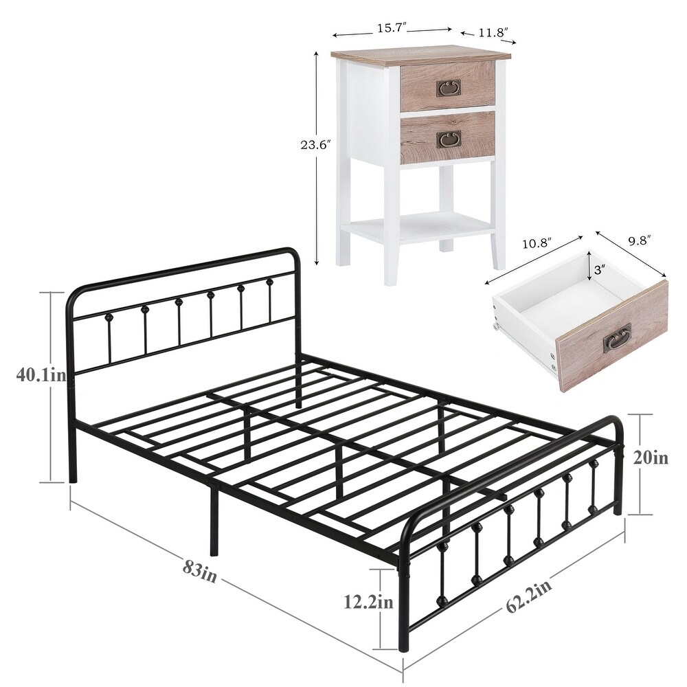 Taomika Bedroom Set Black Bed Frame and 2 Drawer Nightstand Set of 2