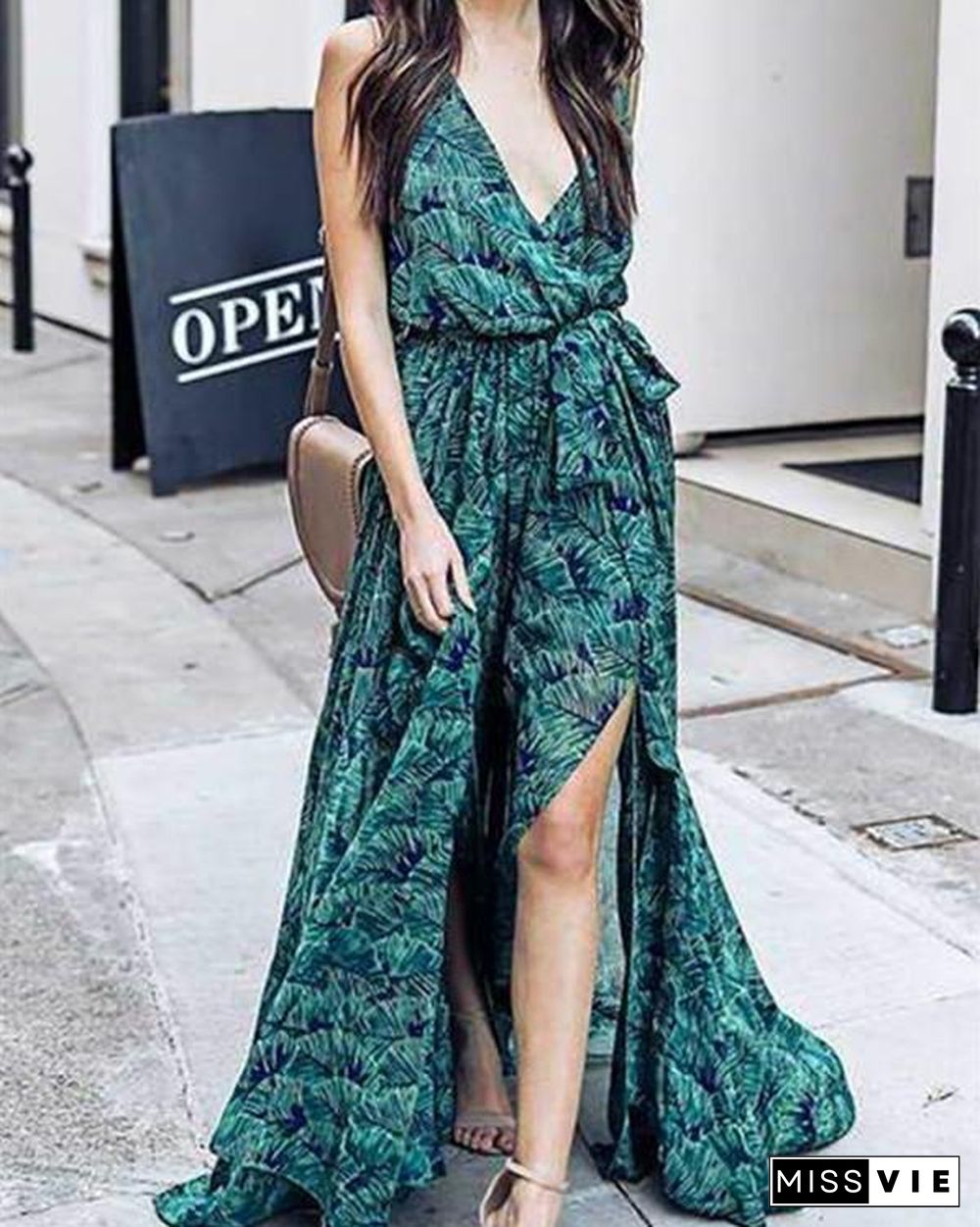 Women Summer  Green & Blue Leaf Maxi Dress