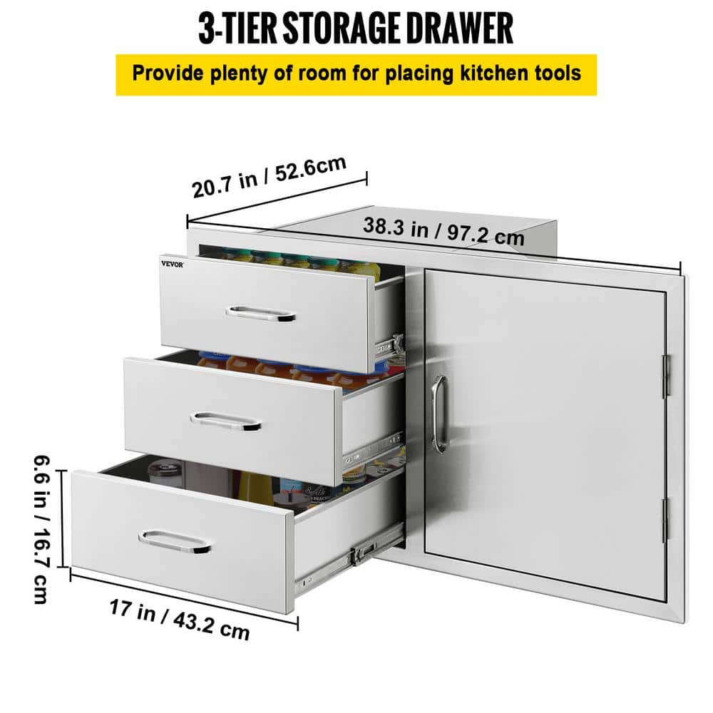 VEVOR 38.1 in. W x 22.6 in. H x 20.8 in. D Outdoor Kitchen Drawers Stainless Steel BBQ Access Drawers with Handle CTG23X38.9X21.101V0