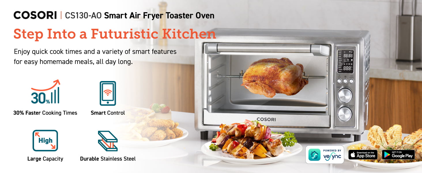 Cosori Toaster Oven Air Fryer CS130-AO, Smart 32QT Large Stainless Steel Countertop Convection Oven for Pizza, Rotisserie, 12-in-1, Silver