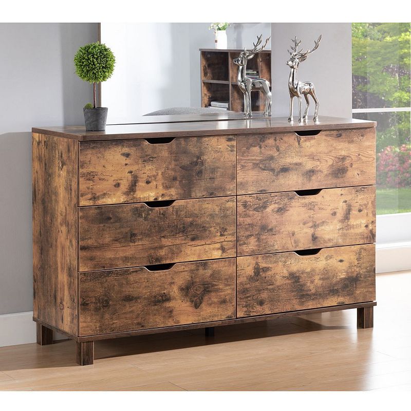 FC Design Distressed Wood Dresser with 6 Drawers and Cutout Curved Handles