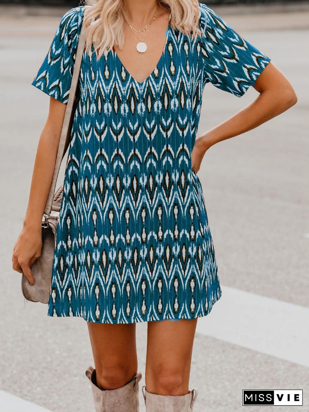 Spring/Summer Loose Short SleeveS V-Neck Print Dress Women'S Wear