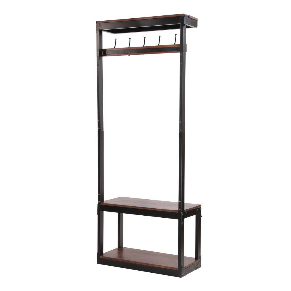 Noble House Varnell Cafe Brown and Black Wood and Metal Coat Rack with Bench 104947