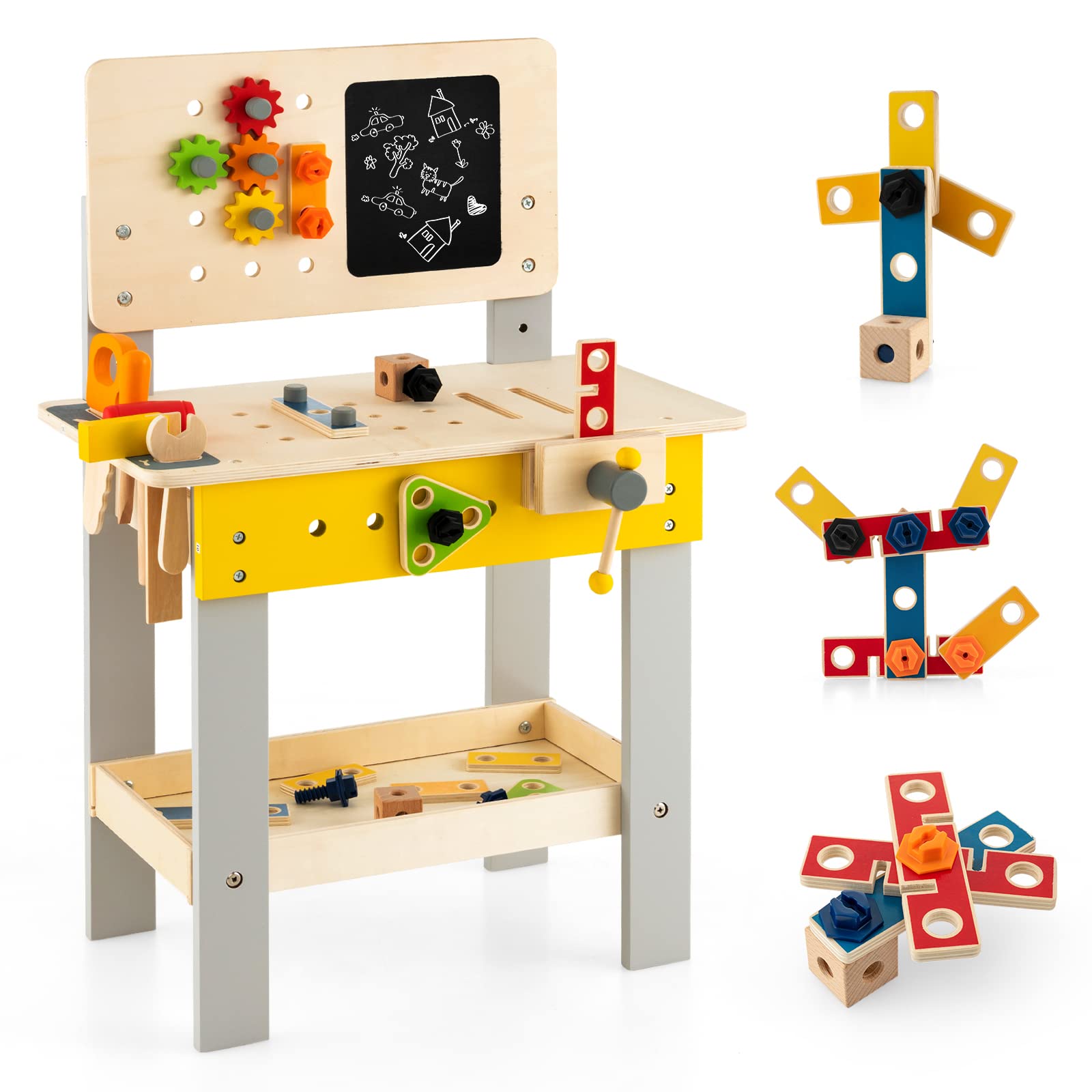 Costzon Kids Tool Bench, Wooden Workbench with 41 Toy Tools and Accessories, Realistic Pretend Play