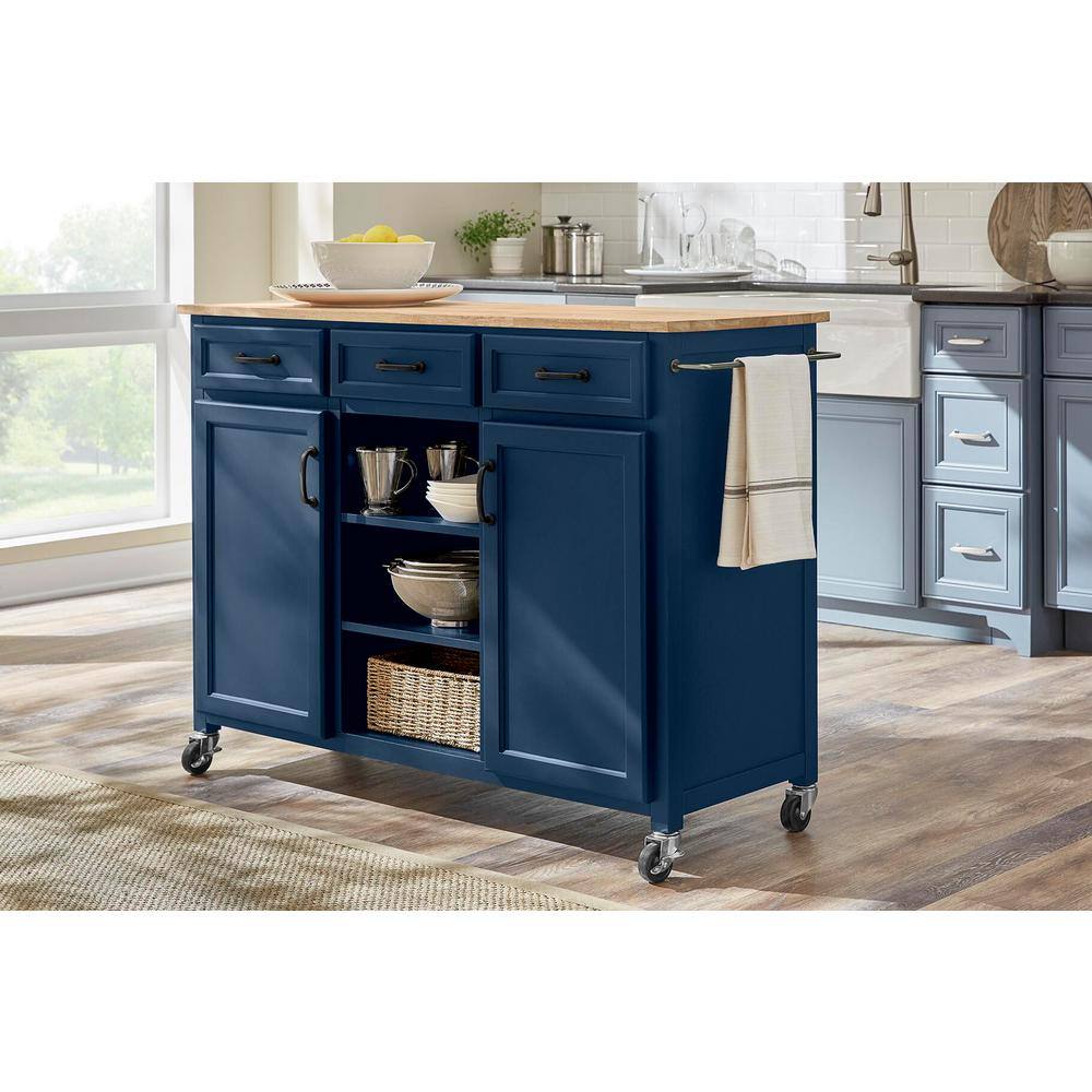 Home Decorators Collection Midnight Blue Rolling Kitchen Cart with Butcher Block Top and Storage (48